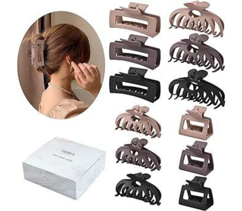 12 Pack Hair Claw Clips - Large and Small, Strong Hold, Matte Finish, Neutral Colors